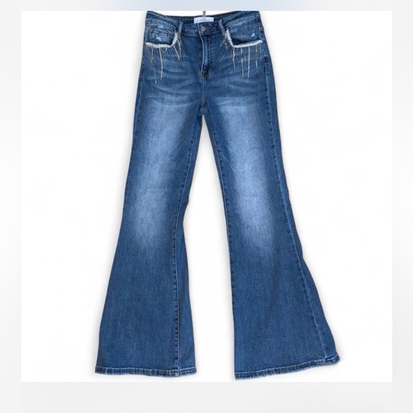 Risen jeans dolly high rise Flared boots cut jewelry pockets Jeans 9/28 bling - Picture 2 of 6